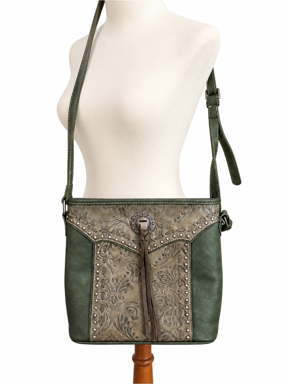 American Bling Faux Leather Women's Olive Green Tooled Crossbody Bag